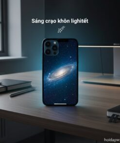 iPhone 12 đặt trên bàn làm việc tối giản, ánh sáng hắt từ màn hình hiển thị hình ảnh bầu trời đêm đầy sao.