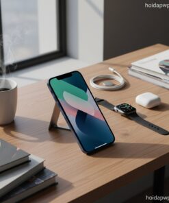 2. iPhone 12 chụp góc nghiêng, đặt trên bàn làm việc với các phụ kiện như Apple Watch, AirPods, tạo cảm giác lifestyle năng động và hiện đại.