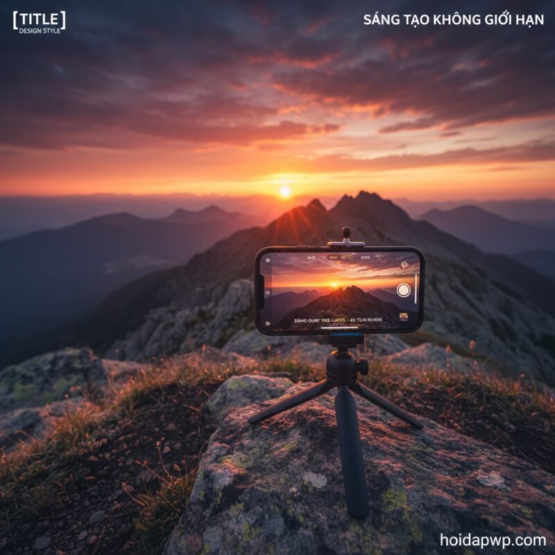 Chụp iPhone 12 đang được sử dụng để quay video time-lapse cảnh hoàng hôn buông xuống trên đỉnh núi.