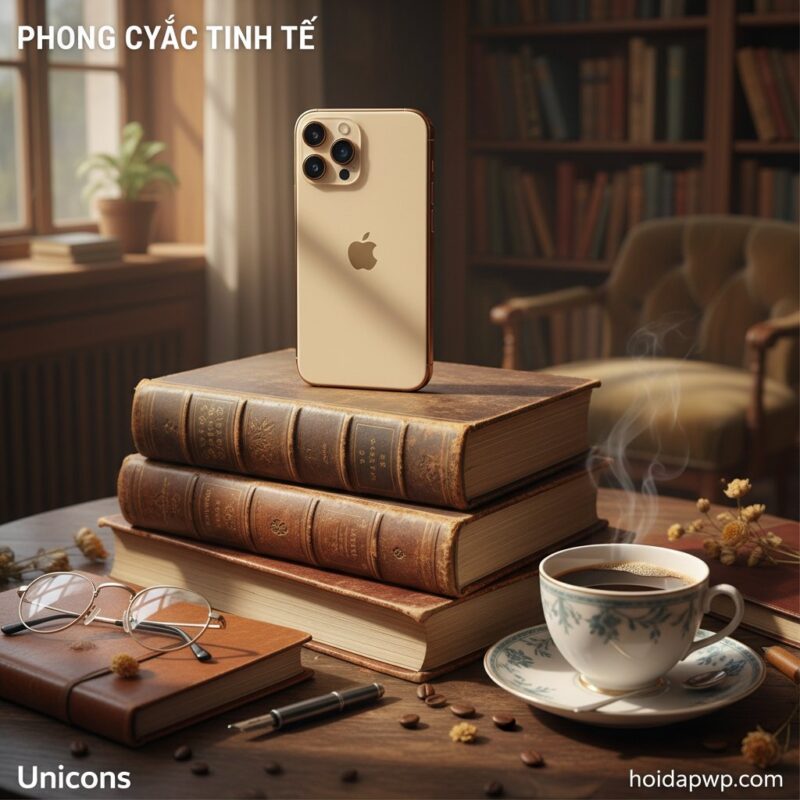 - Đặt iPhone 12 Pro trên một chồng sách cổ điển, tạo cảm giác sang trọng và đẳng cấp. Bên cạnh là một tách cà phê và kính mắt, gợi lên phong cách sống tinh tế.