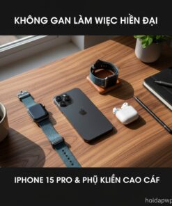 iPhone 15 Pro đặt trên bàn làm việc gỗ sang trọng, xung quanh là các phụ kiện cao cấp như Apple Watch, AirPods Pro, tạo nên không gian làm việc hiện đại.