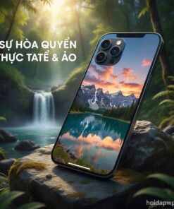 Chụp ảnh màn hình iPhone 15 Pro hiển thị hình ảnh thiên nhiên sống động, đặt máy trên một tảng đá giữa khung cảnh thiên nhiên tương tự, tạo sự hòa quyện giữa thực tế và ảo.