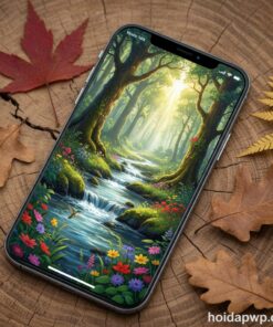 - Chụp cận cảnh màn hình iPhone 16e đang hiển thị hình ảnh sống động về thiên nhiên, với điện thoại được đặt trên nền gỗ mộc mạc và vài chiếc lá khô xung quanh.