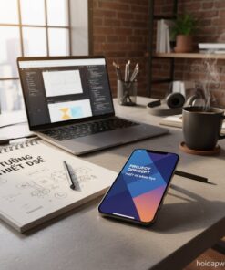 - Chụp iPhone 16e từ góc thấp, đặt trên bàn làm việc với laptop, sổ tay và cốc cà phê, thể hiện phong cách làm việc năng động.