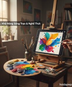 5. iPad A16 được đặt trên giá vẽ của họa sĩ cùng với bút vẽ và bảng màu, thể hiện khả năng sáng tạo và tính nghệ thuật.